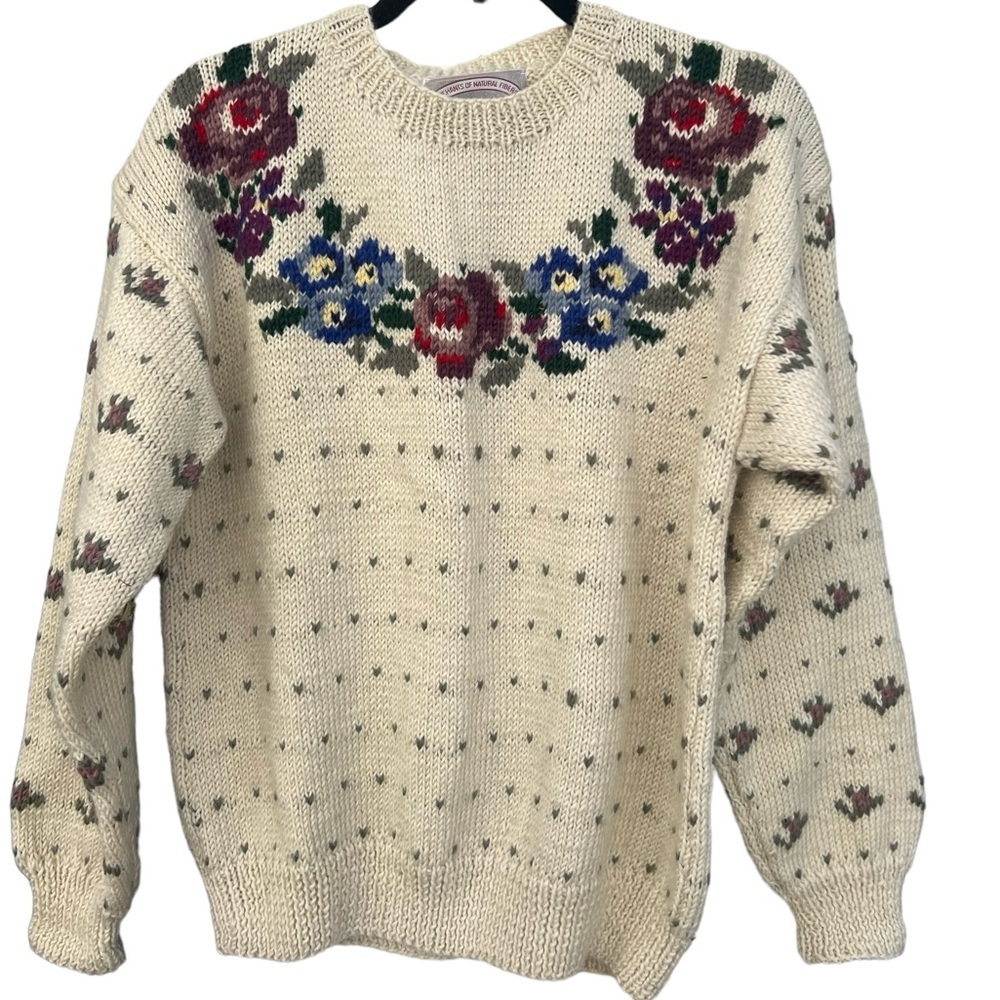 Gusto Sweater Vintage Hand Knit Floral Virgin Wool Off White Size Large